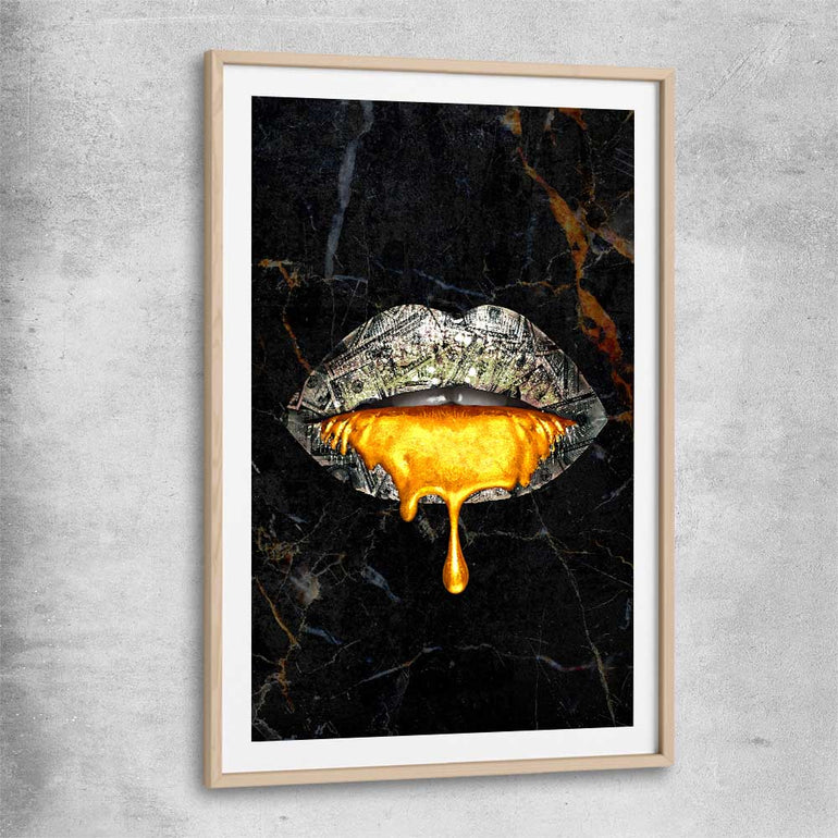 Golden Lust raw oak glass front frame - part of our high quality canvas lips wall art collection