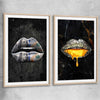 Money Lips Pair raw oak glass front frame - part of our high quality canvas lips wall art collection