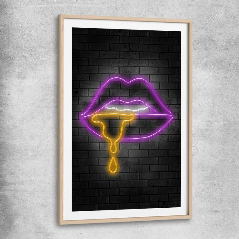 Neon Lips raw oak glass front frame - part of our high quality canvas lips wall art collection