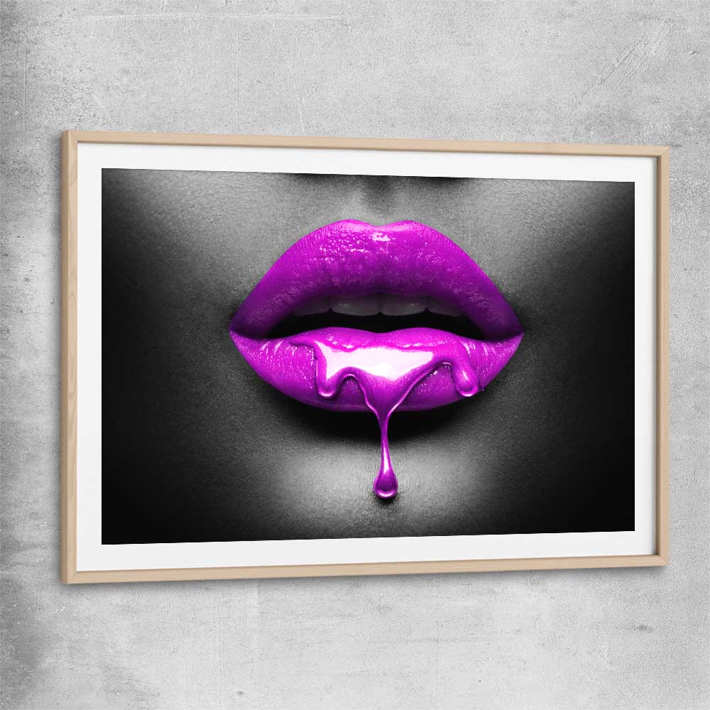 Purple Lust raw oak glass front frame - part of our high quality canvas lips wall art collection
