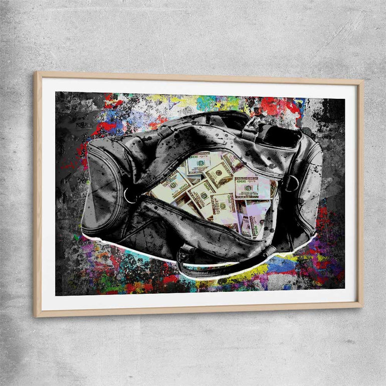 Money wall art print of Cash Duffel with raw oak glass front frame