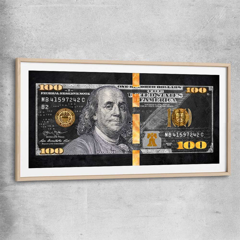 Money wall art print of Franklin Reserve with raw oak glass front frame