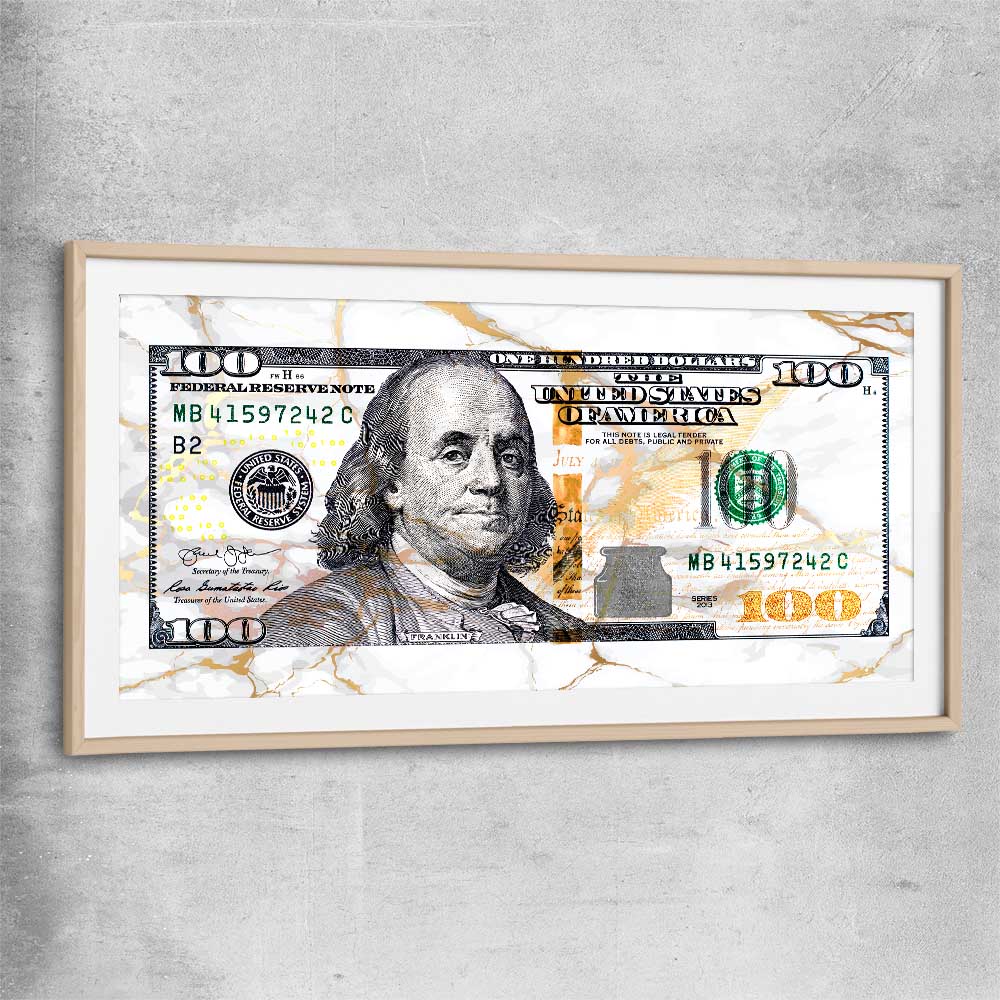 Money wall art print of Marble Bill with raw oak glass front frame