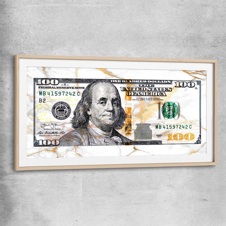 Money wall art print of Marble Bill with raw oak glass front frame