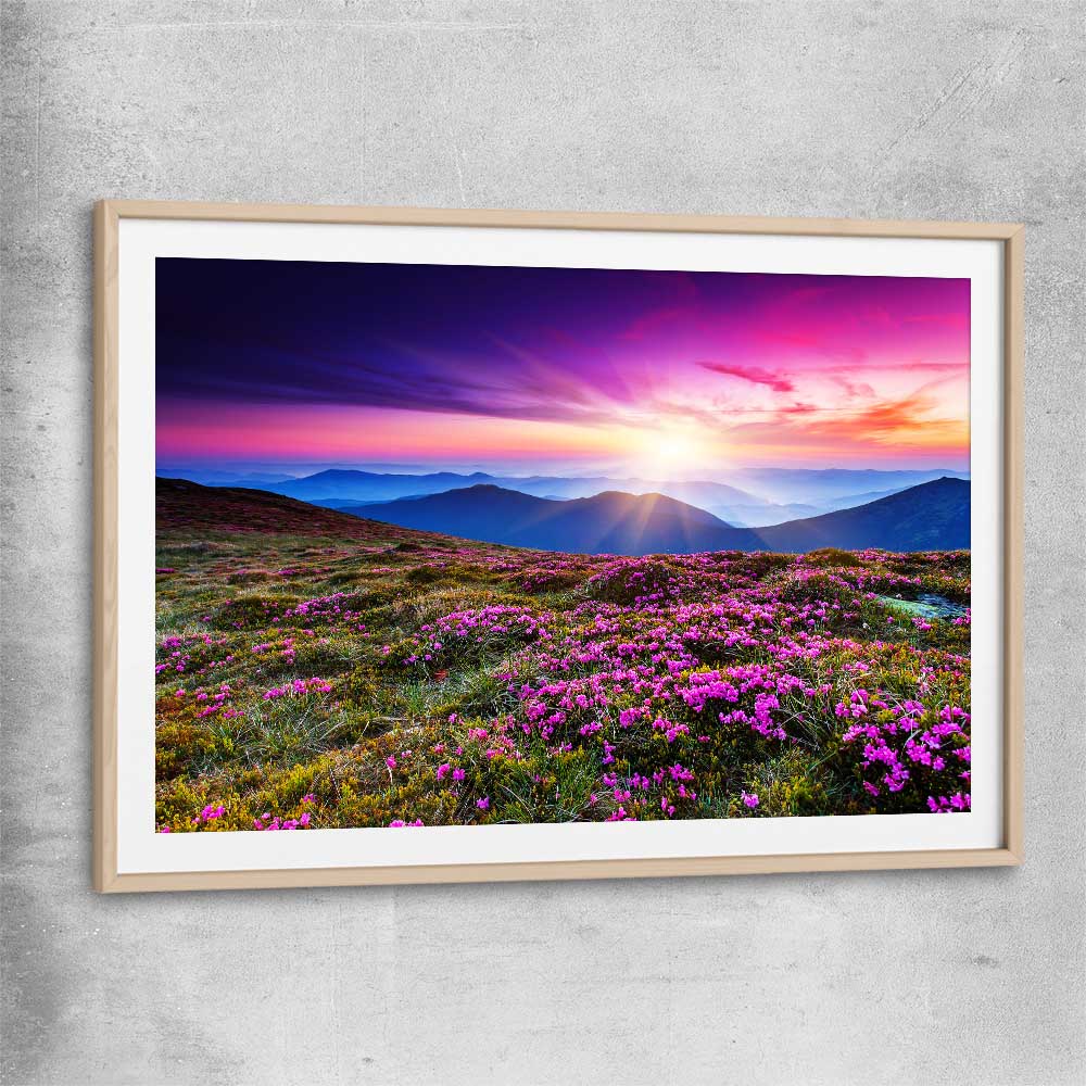 Floral print of Carpathian Mountain Bloom with raw oak glass front frame