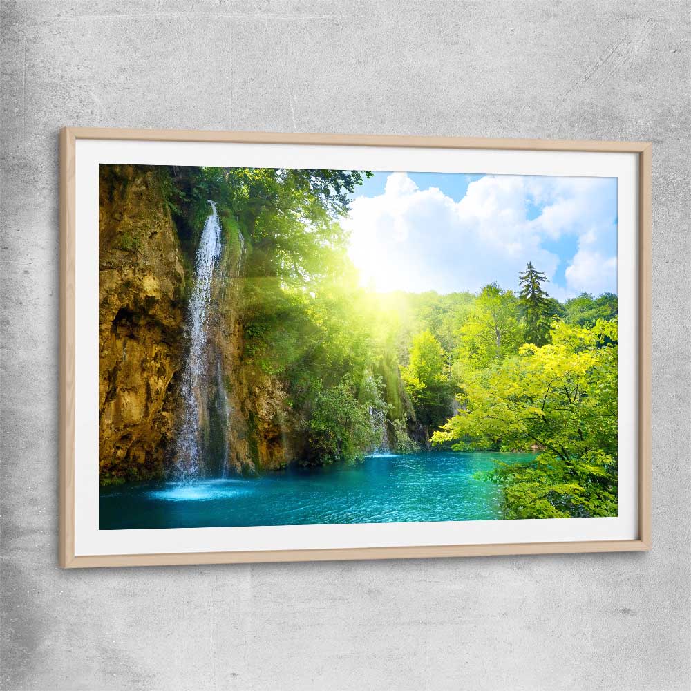 Floral print of Emerald Forest River with raw oak glass front frame