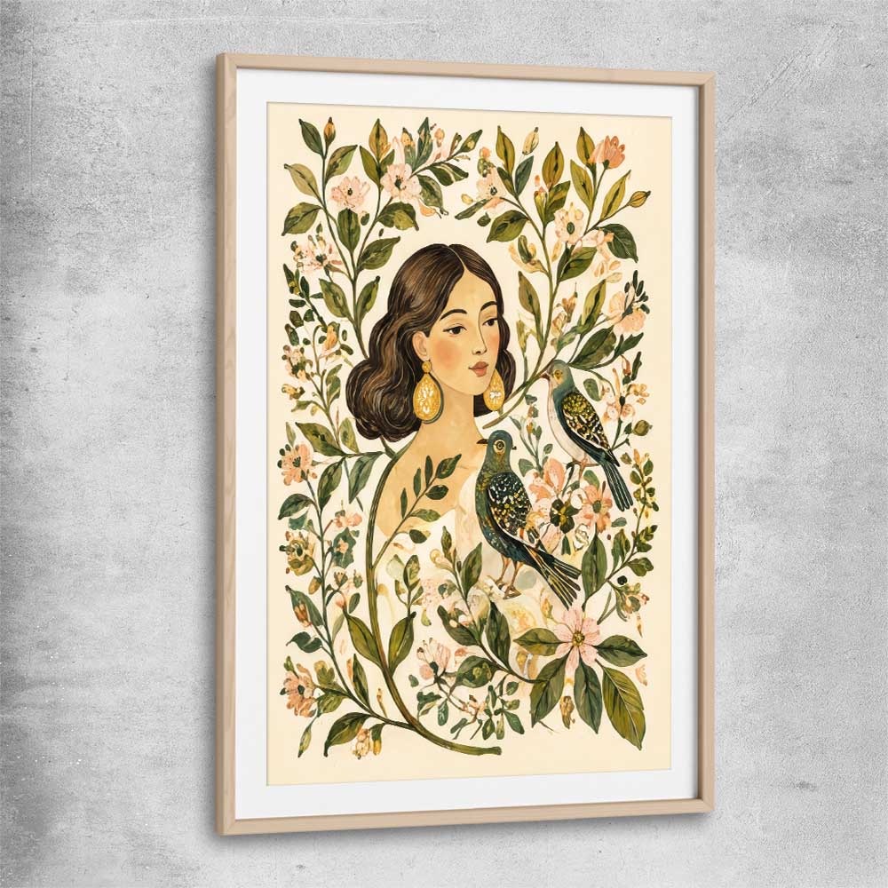 Floral print of Garden Muse with raw oak glass front frame