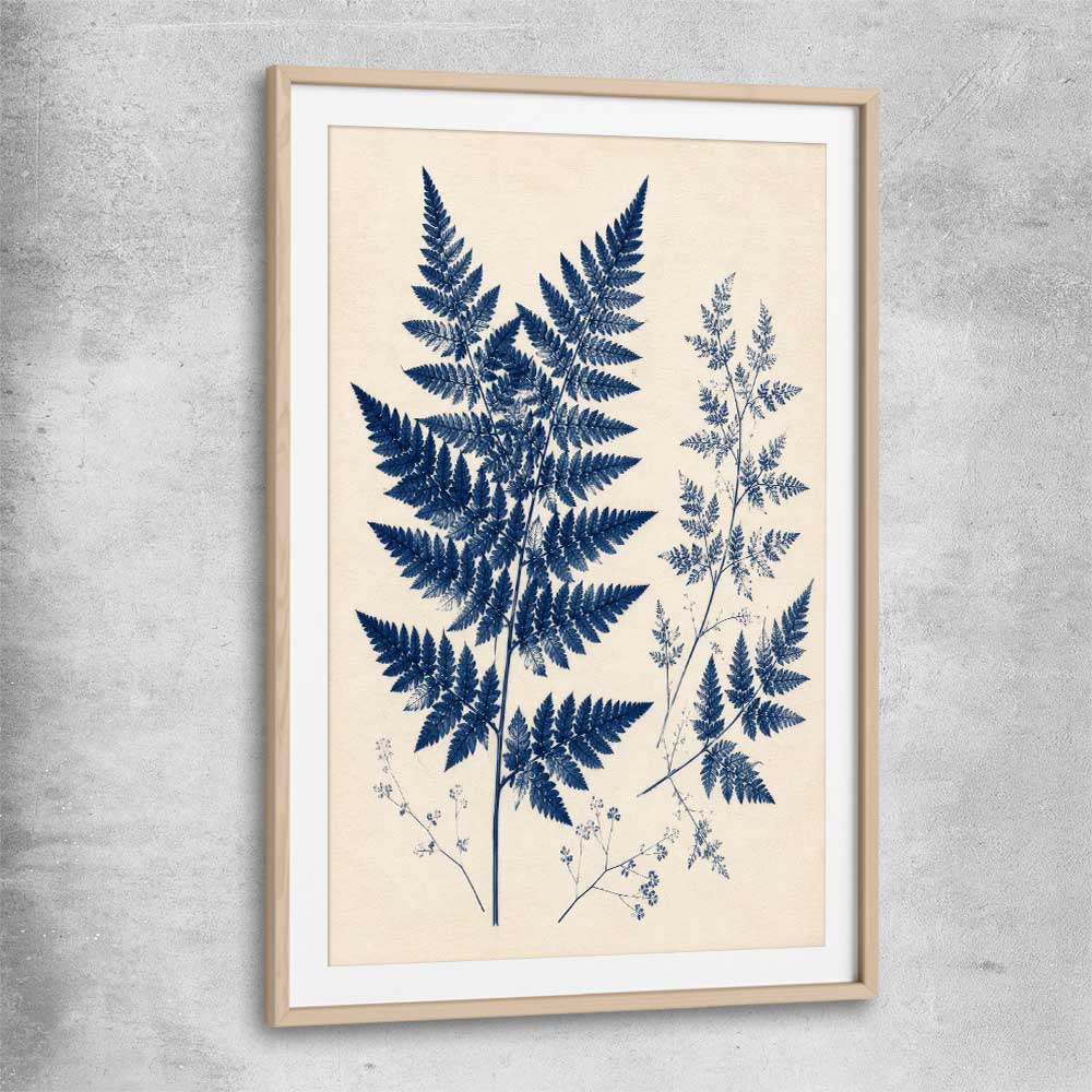 Floral print of Indigo Fern with raw oak glass front frame