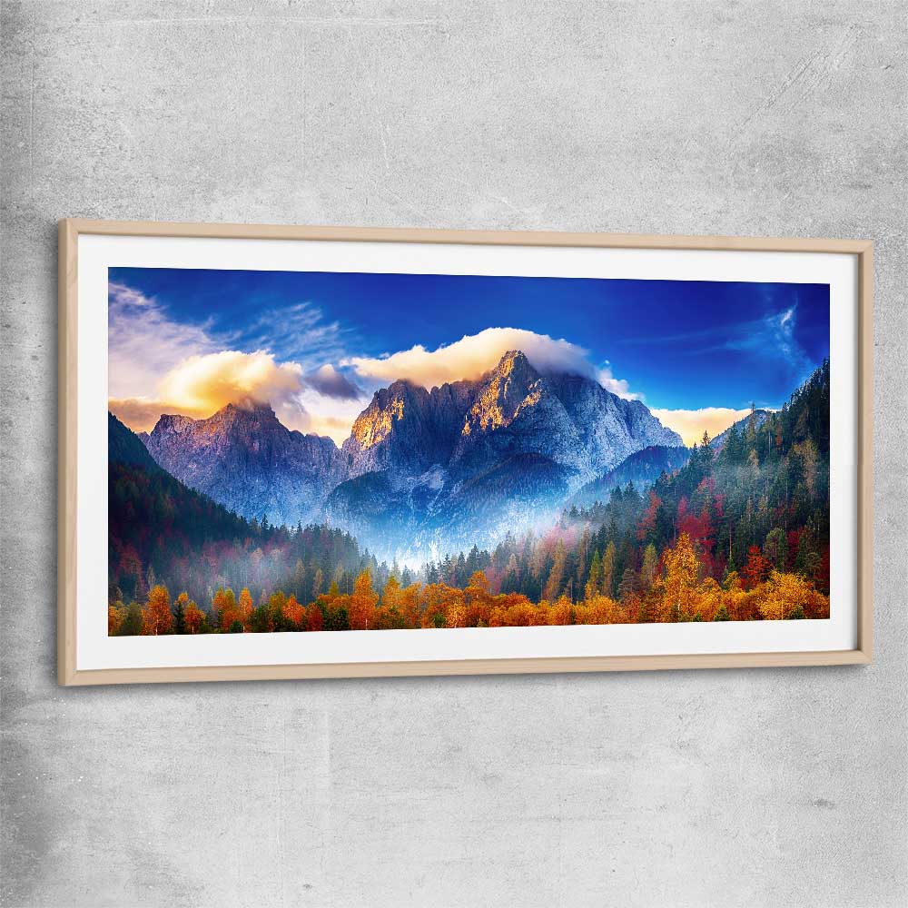 Floral print of Julian Alps Triglav Peak with raw oak glass front frame