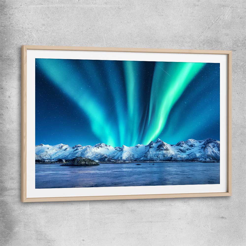 Floral print of Lofoten Aurora Norway with raw oak glass front frame