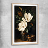 Floral print of Midnight Magnolia with raw oak glass front frame