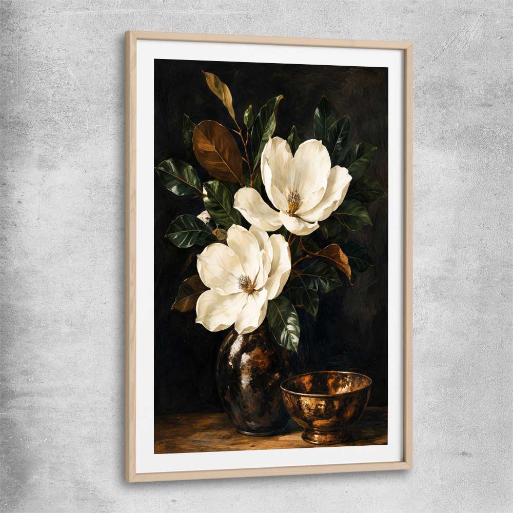 Floral print of Midnight Magnolia with raw oak glass front frame