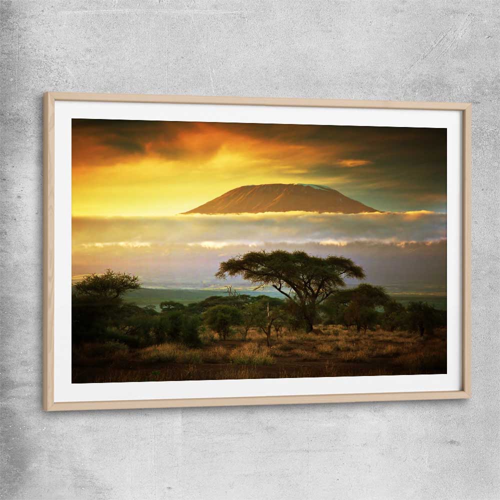 Floral print of Mount Kilimanjaro Sunset with raw oak glass front frame