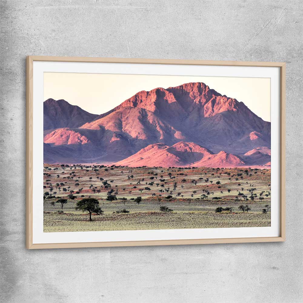 Floral print of Namib Rand Desert with raw oak glass front frame