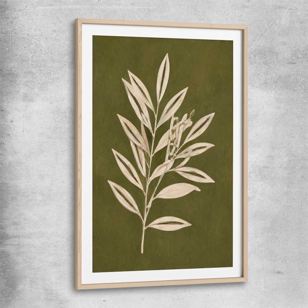 Floral print of Olive Branch with raw oak glass front frame