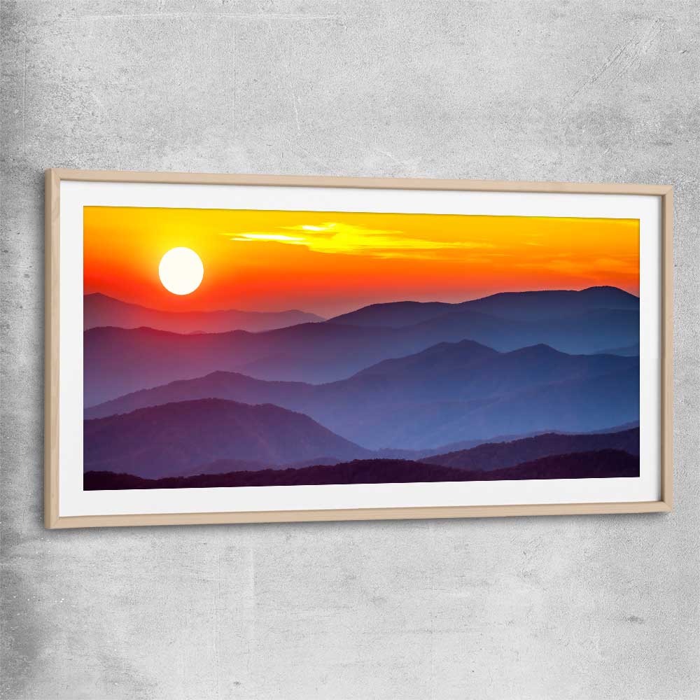 Floral print of Smoky Mountains Sunset with raw oak glass front frame