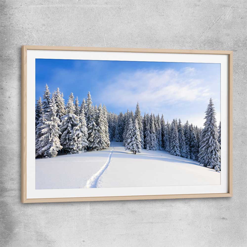 Floral print of Snowy Forest Path with raw oak glass front frame