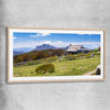 Floral print of Victorian Alps Craigs Hut with raw oak glass front frame