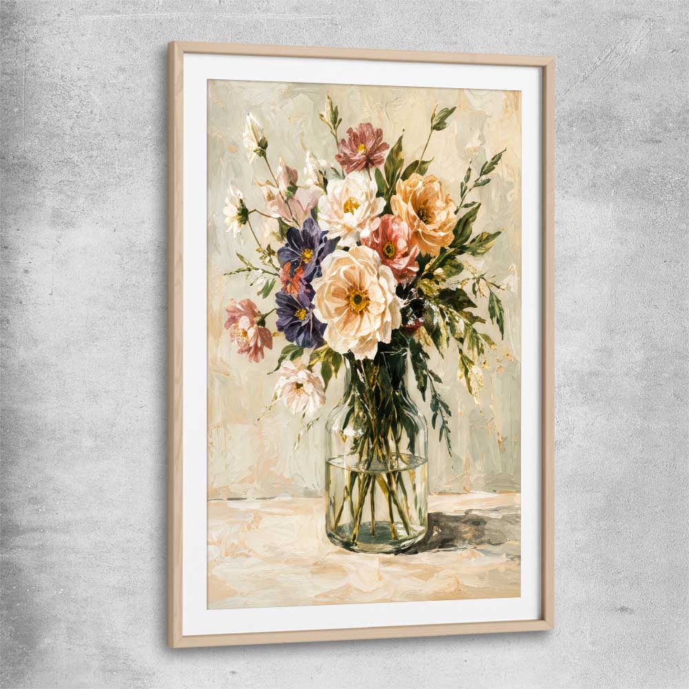 Floral print of Wild Bloom with raw oak glass front frame