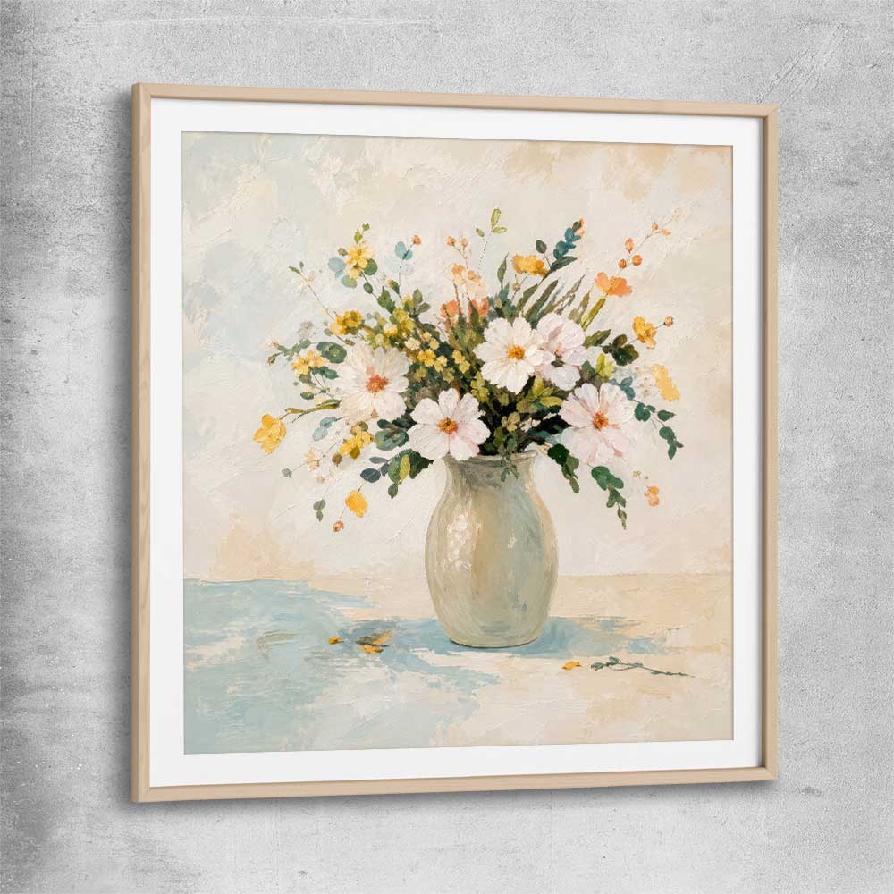 Floral print of Wildflower Market with raw oak glass front frame