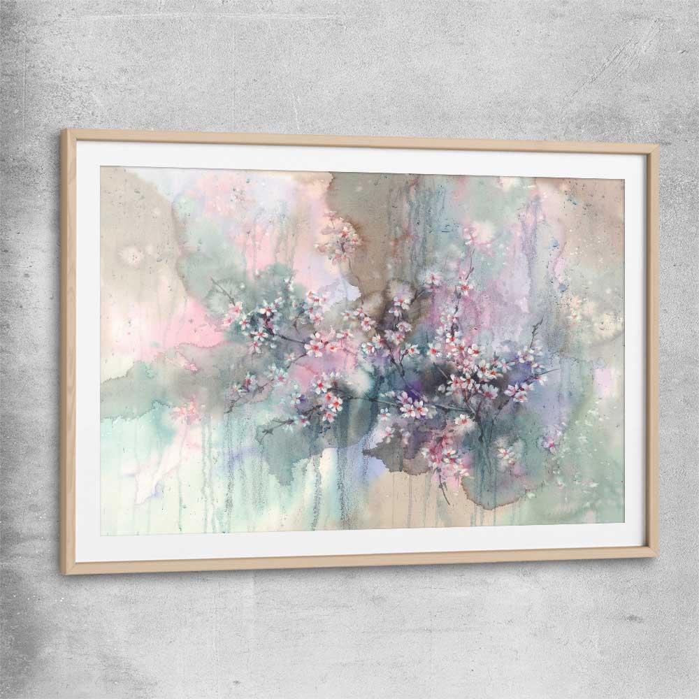 Floral print of Beautiful Sakura Flowers with raw oak glass front frame