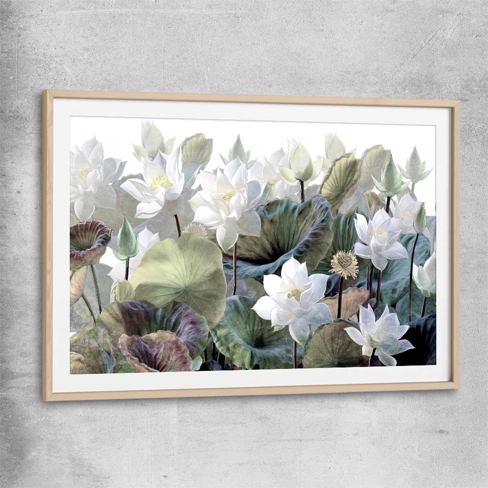 Floral print of Blooming Lotus Flowers with raw oak glass front frame