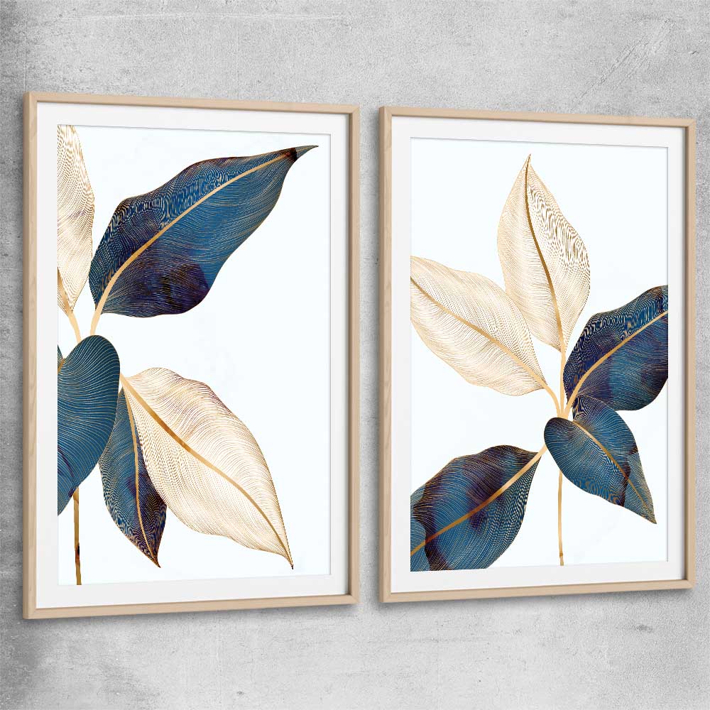 Floral print of Botanic Blue Pair with raw oak glass front frame