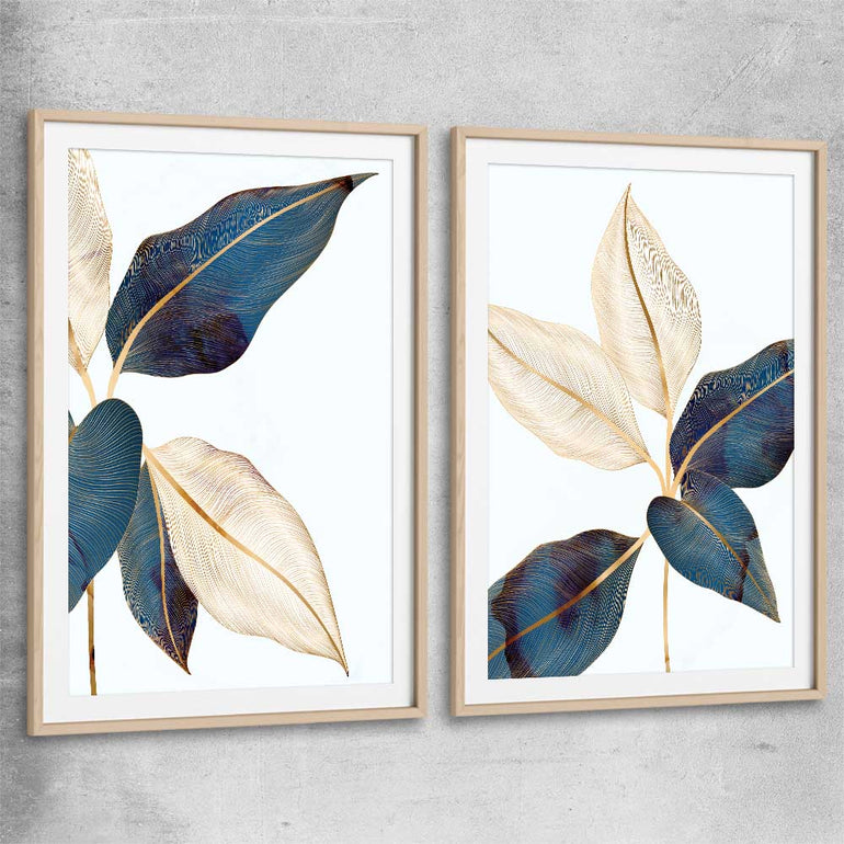 Floral print of Botanic Blue Pair with raw oak glass front frame