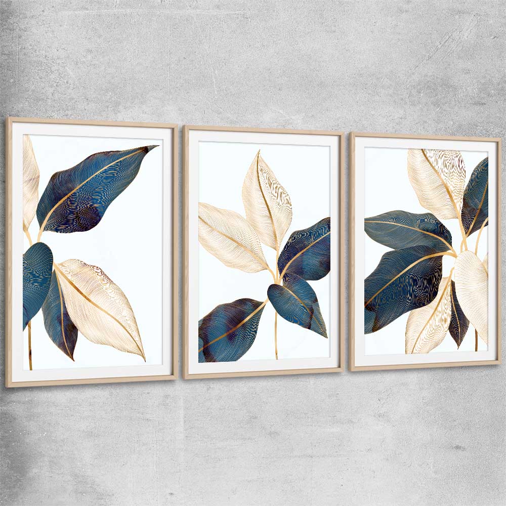 Floral print of Botanic Blue Set with raw oak glass front frame