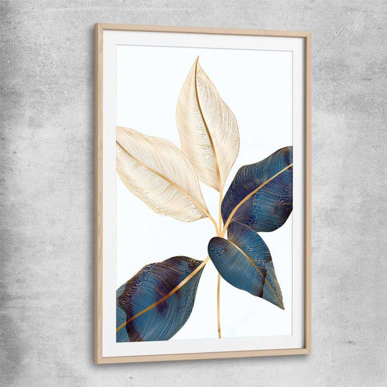 Floral print of Botanic Blue Two with raw oak glass front frame