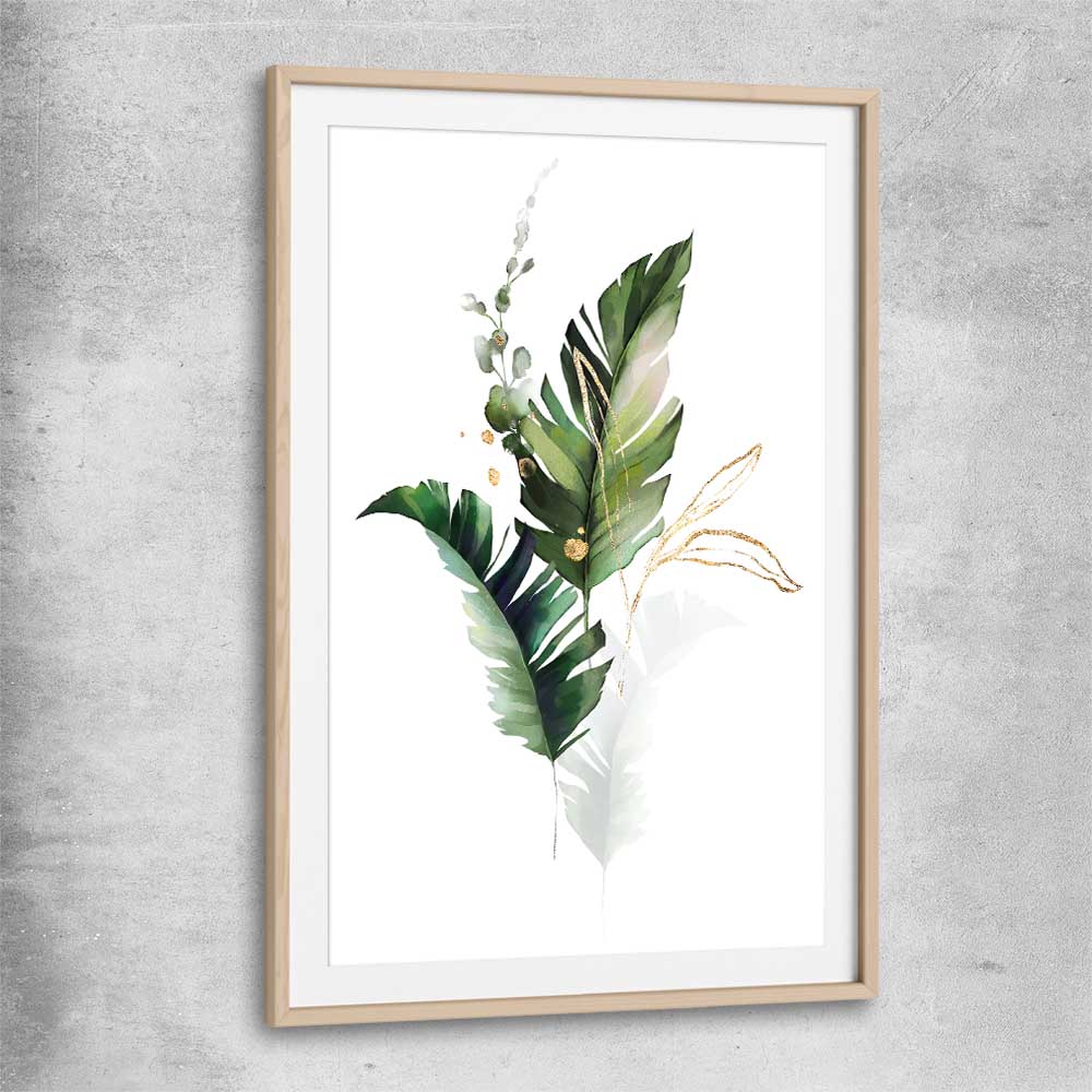 Floral print of Botanic Gold One with raw oak glass front frame