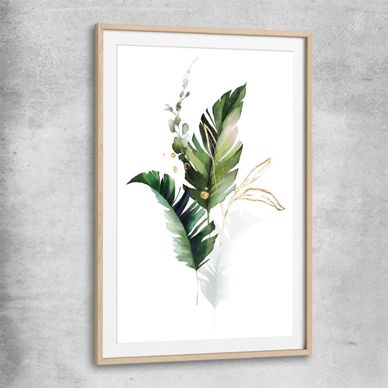 Floral print of Botanic Gold One with raw oak glass front frame