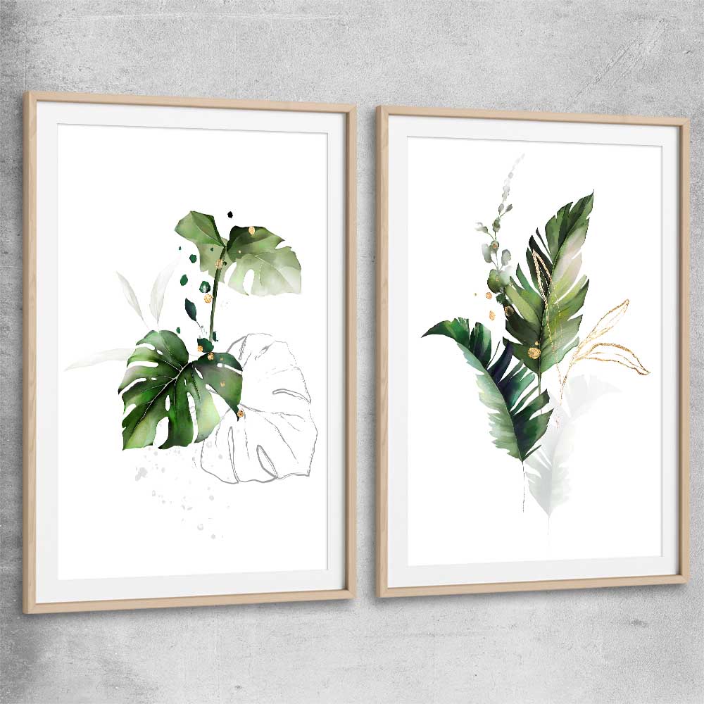Floral print of Botanic Gold Pair with raw oak glass front frame