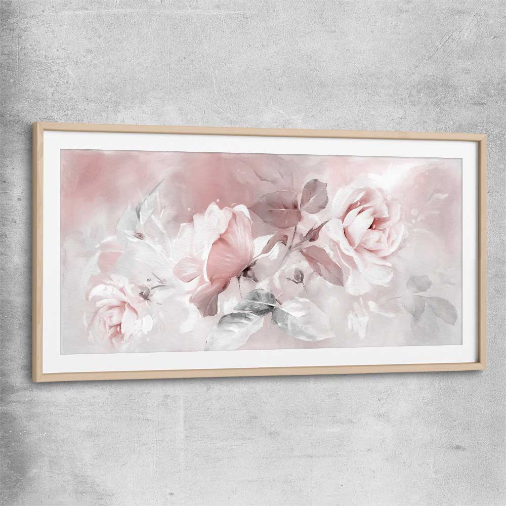 Floral print of Delicate Pink Rose with raw oak glass front frame
