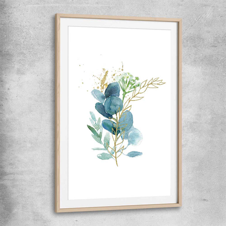 Floral print of Eucalyptus Bunch One with raw oak glass front frame