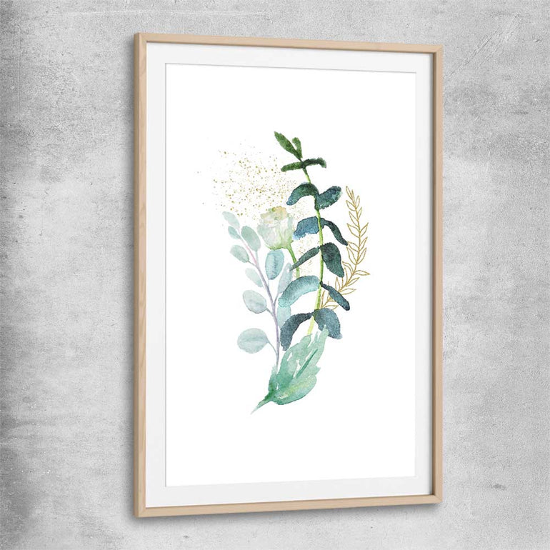 Floral print of Eucalyptus Bunch Three with raw oak glass front frame