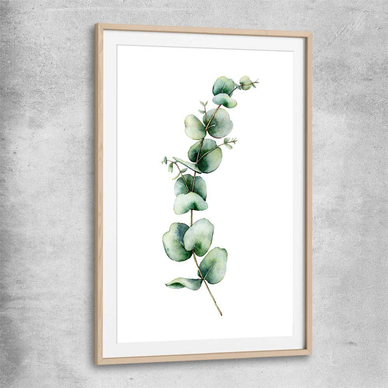 Floral print of Eucalyptus One with raw oak glass front frame