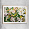 Floral print of Green Blossom with raw oak glass front frame