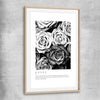 Floral print of Grey Flowers Typo with raw oak glass front frame