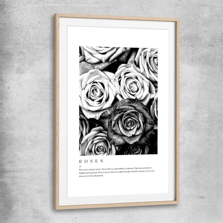 Floral print of Grey Flowers Typo with raw oak glass front frame