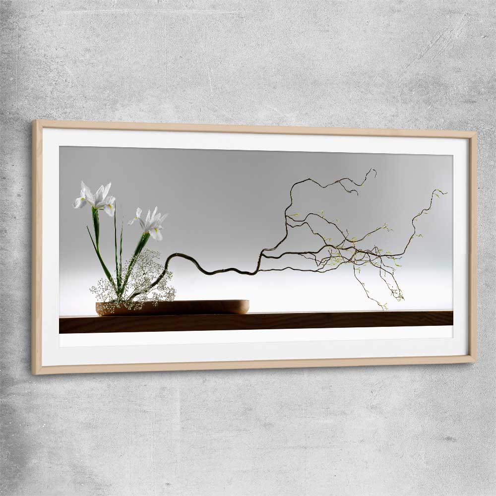 Floral print of Growing Ikebana with raw oak glass front frame