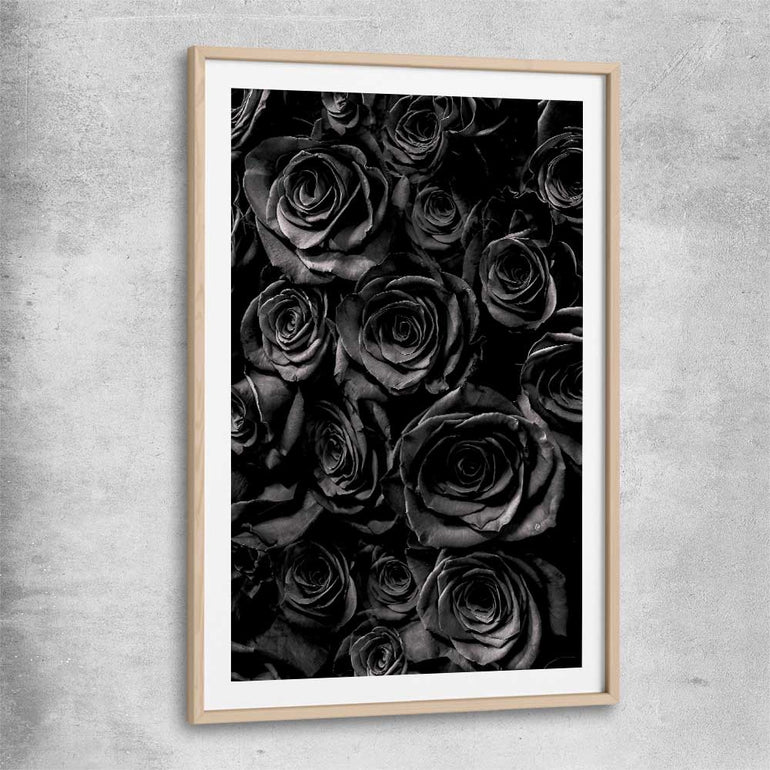 Floral print of Hidden Roses with raw oak glass front frame