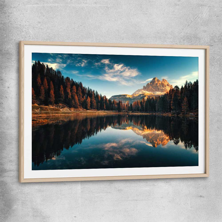 Floral print of Lago Antorno with raw oak glass front frame