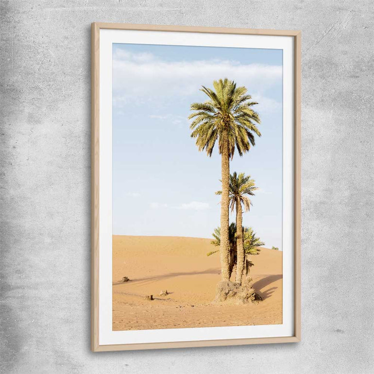 Floral print of Moroccan Palms with raw oak glass front frame