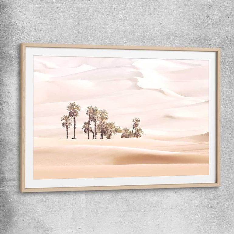 Floral print of Oasis Dunes with raw oak glass front frame