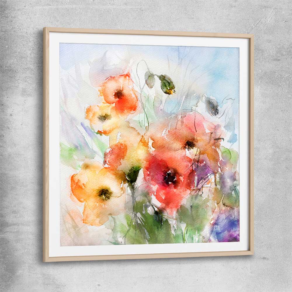 Floral print of Red Watercolour Poppies with raw oak glass front frame