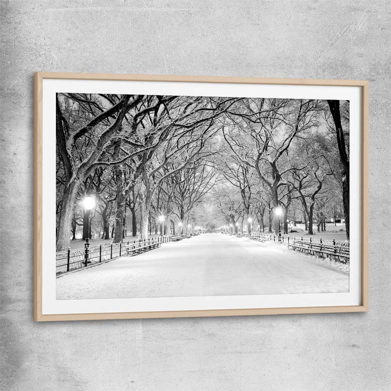 Floral print of Snowy Central Park with raw oak glass front frame