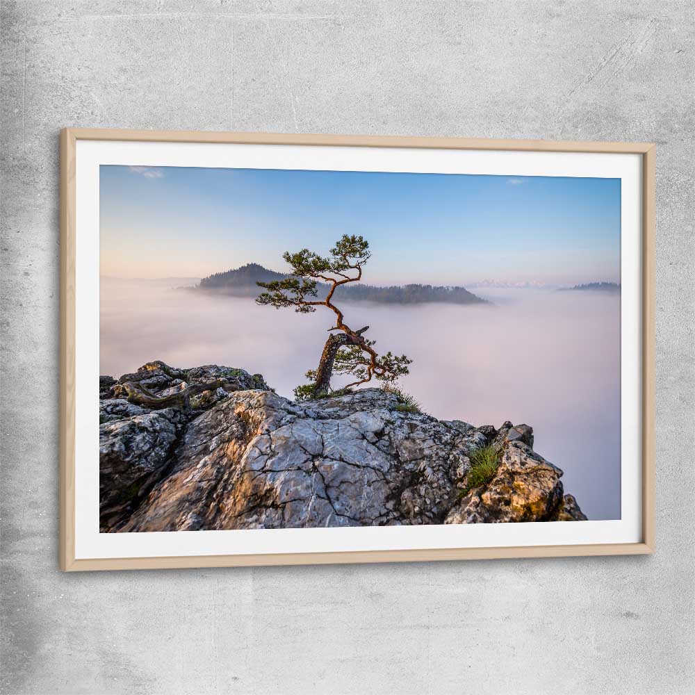 Floral print of Sokolica Peak Poland with raw oak glass front frame