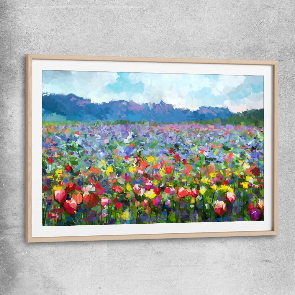 Floral print of Spring Blossom with raw oak glass front frame