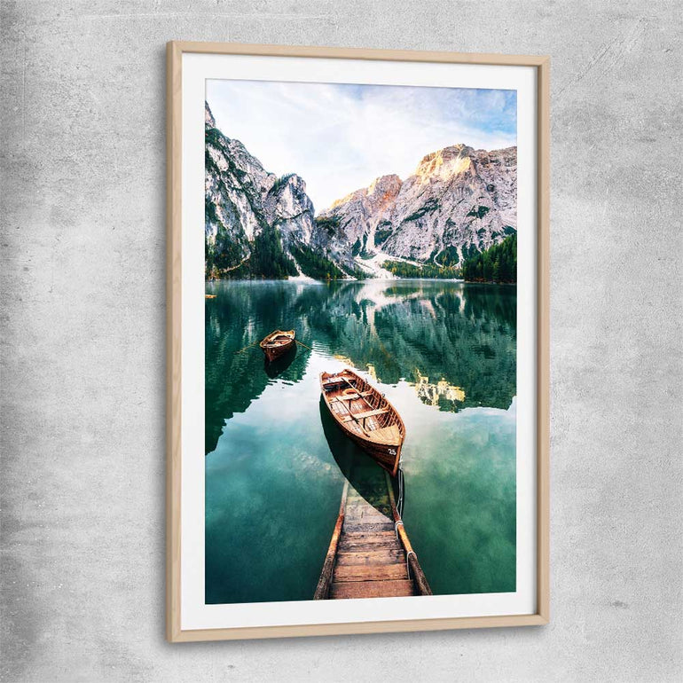 Floral print of Tranquil Lake with raw oak glass front frame